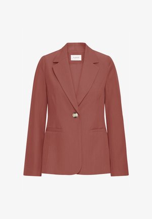Blazer terracotta a un solo bottone con rever a lancia, maniche lunghe, due tasche a filetto frontali e vestibilità sartoriale.