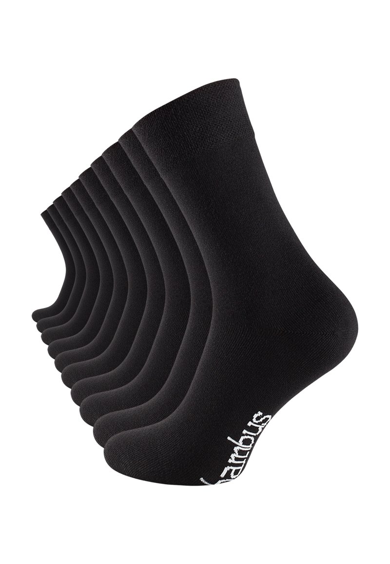 Chaussettes noires disposées en rang, avec une texture côtelée, des orteils renforcés et un petit logo blanc sur la bordure. Matière en mélange de coton.