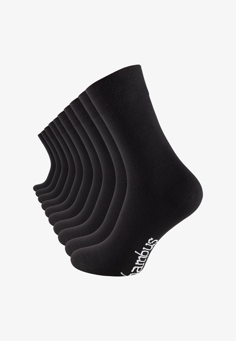 Chaussettes noires disposées en rang, avec une texture côtelée, des orteils renforcés et un petit logo blanc sur la bordure. Matière en mélange de coton.