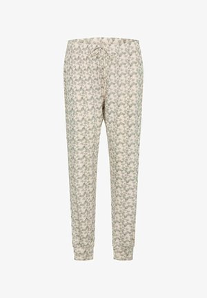 Lehké bavlněné pyžamové kalhoty s šňůrkou v pase, s celoplošným zeleným květinovým vzorem na krémovém pozadí. Elastické manžety.