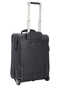 Valigia nera in pelle con ruote, manico telescopico, texture liscia, tasca con zip e ruote robuste per una facile manovrabilità.