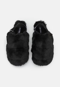 Chaussons en fausse fourrure noire avec un design rembourré, présentant une forme arrondie et une texture douce, adaptés pour un usage intérieur.