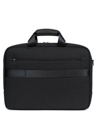 Zwarte laptoptas van duurzaam materiaal. Voorzien van een voorvak met rits en een elegante horizontale band aan de voorkant met zachte handgrepen.