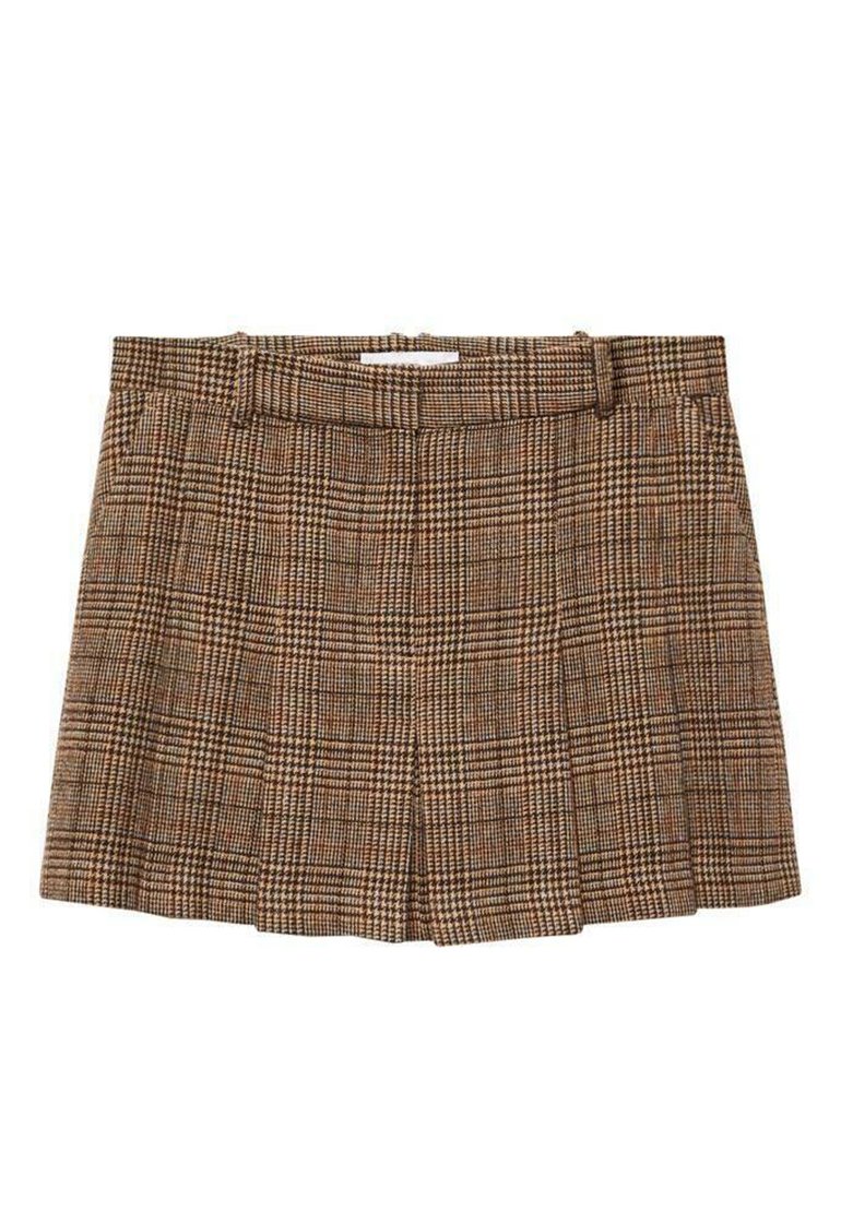 Gonna a pieghe a quadri marrone e beige con passanti per cintura, fronte piatta e lunghezza a metà coscia, mostrata su uno sfondo bianco.