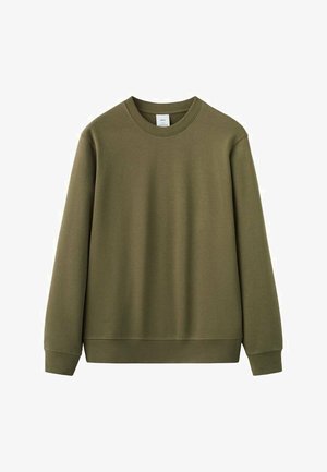 Olivgrünes Sweatshirt mit Rundhalsausschnitt, langen Ärmeln sowie gerippten Bündchen und Saum vor weißem Hintergrund.