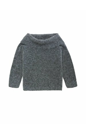 Grauer Wollpullover mit einem weiten, schulterfreien Ausschnitt, langen Ärmeln und einer weichen, strukturierten Oberfläche. Einfaches Design ohne Muster oder Akzente.