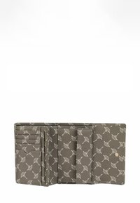 Portafoglio con un'esterno grigio testurizzato caratterizzato da un motivo floreale bianco. Ha più scomparti per carte e vani per l'organizzazione.