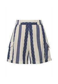 Pruhované šortky v krémové a modré barvě, se směsí geometrických a vzorovaných látek, s bočními kapsami a elastickým pasem.
