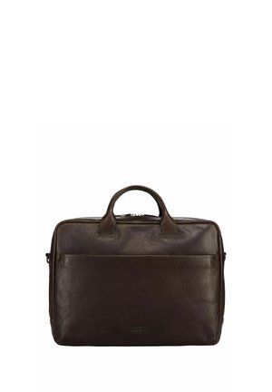 Dunkelbraune Leder-Aktentasche mit zwei Griffen, einer Vordertasche und Reißverschluss oben, gezeigt vor weißem Hintergrund.