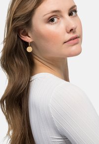 Goldene Ohrringe mit einem kreisförmigen, strukturierten Design und einem Sternenmuster, die an einem einfachen Haken hängen, getragen von einem Modell mit langen Haaren.