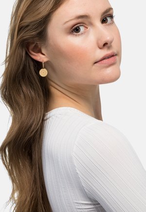Goldene Ohrringe mit einem kreisförmigen, strukturierten Design und einem Sternenmuster, die an einem einfachen Haken hängen, getragen von einem Modell mit langen Haaren.