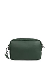 Grüne Leder-Crossbody-Tasche mit rechteckiger Form, Reißverschluss, silbernem Zubehör und abnehmbarem Riemen. Glatte Textur ohne Muster.