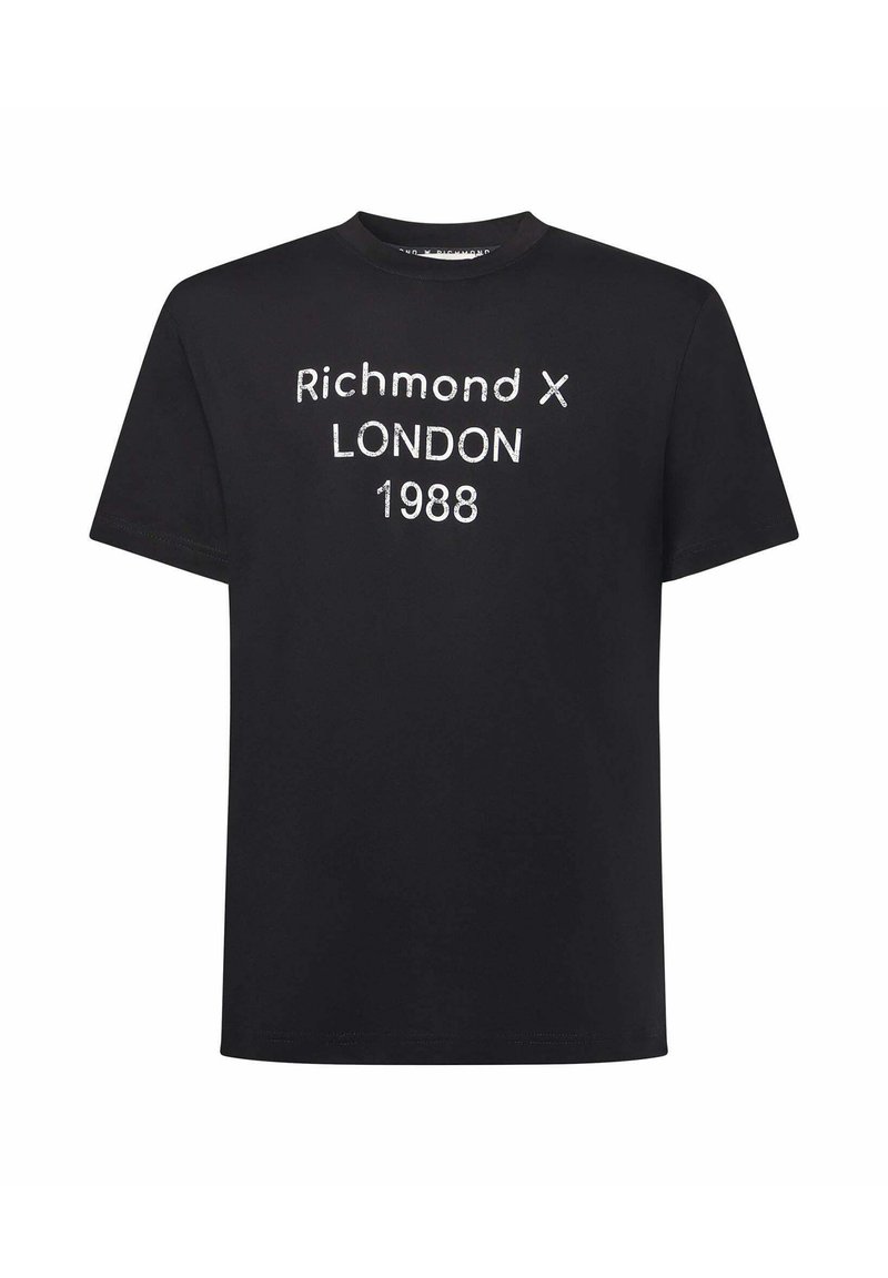 Zwarte katoenen T-shirt met witte bedrukte tekst: "Richmond X LONDON 1988". Ronde hals, korte mouwen en recht gesneden zoom.