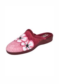 Zapatilla suave de tela en color rosa y burdeos, con dos diseños florales en blanco y rosa en la parte superior y una suela de tacón bajo.