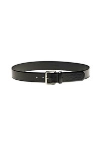 Ceinture en cuir noir avec une texture lisse, dotée d'une boucle en métal argenté et de cinq trous de réglage pour le dimensionnement.