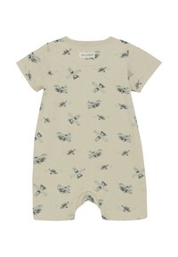 Kortärmad beige bodysuit med ett spritt tryck av vintageflygplan, tillverkad av mjuk bomull med tryckknappar i botten.