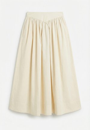 Μπεζ midi φούστα με ψηλή μέση και συγκεντρωμένο ύφασμα κάτω από τη ζώνη, δημιουργώντας μια ρέουσα, γραμμή Α.