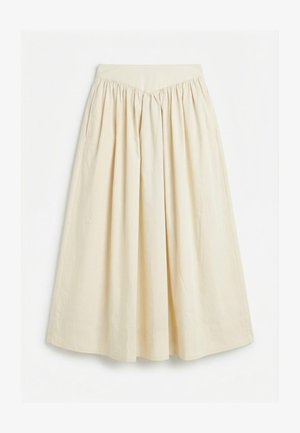 Μπεζ midi φούστα με ψηλή μέση και συγκεντρωμένο ύφασμα κάτω από τη ζώνη, δημιουργώντας μια ρέουσα, γραμμή Α.