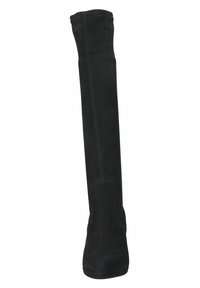 Bota de gamuza negra hasta la rodilla con un diseño ajustado, caña estrecha y textura suave. Cuenta con costuras minimalistas a lo largo del costado.