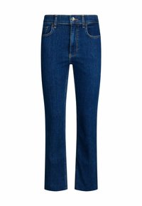 Jeans en denim, bleu foncé, coupe slim avec un léger évasement, dotés d'une fermeture éclair, de cinq poches et de détails de couture visibles.