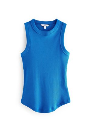 Haut sans manches côtelé bleu vif avec un col rond et un ourlet légèrement incurvé, posé à plat sur fond blanc.