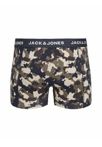 Boxers pour hommes avec un motif camouflage dans des teintes de vert, beige et bleu marine, dotés d'une ceinture sombre avec le logo "JACK & JONES".