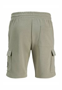 Ανοιχτό πράσινο casual σόρτς με ελαστική μέση, δύο πλαϊνές τσέπες με καπάκι και μία τσέπη πίσω, εμφανιζόμενα από πίσω.