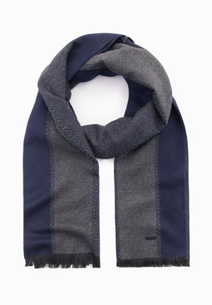 Wollmischungsschal mit navyblauen und grauen Abschnitten, geometrischem Muster, fransigen Kanten und einer glatten Textur.