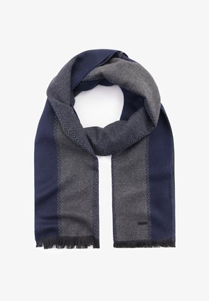 Écharpe en mélange de laine présentant des sections bleu marine et gris avec un motif géométrique, des bords fringés et une texture lisse.