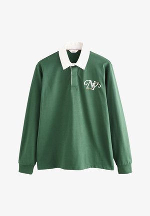 Chemise de rugby verte à manches longues avec col blanc et logo "NY" New York sur la poitrine gauche, patte de boutonnage, poignets élastiques.