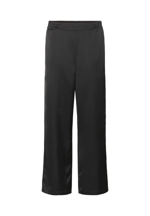 Pantaloni negri, cu desfăcut larg, cu un brâu elastic, dintr-un material neted și ușor. Fără modele sau accente vizibile.