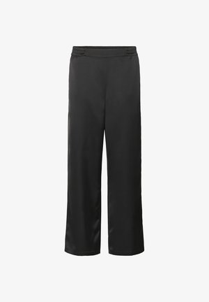 Juodi, plačios kojos kelnių su elastinga juosmena, pagaminti iš lygios, lengvos medžiagos. Nėra matomų raštų ar akcentų.