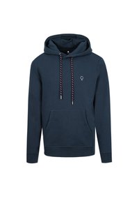 Sudadera con capucha de color azul marino hecha de una mezcla de algodón. Presenta un logo blanco en el pecho y cordones de rayas rojas y blancas. Bolsillo tipo canguro.