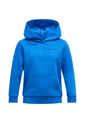 Felblauwe hoodie met voorzak en klein geborduurd logo op de borst, weergegeven op een witte achtergrond.