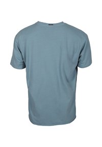 T-shirt en coton à manches courtes, de couleur bleu clair unie, vue de dos avec un col rond.