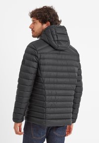 Padded black jacket with a hood, featuring a quilted pattern, zip closure, and elastic cuffs, designed for warmth and comfort.