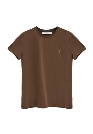 Brown cotton t-shirt with a crew neck, short sleeves, and a small embroidered design on the left chest. Soft texture and relaxed fit.