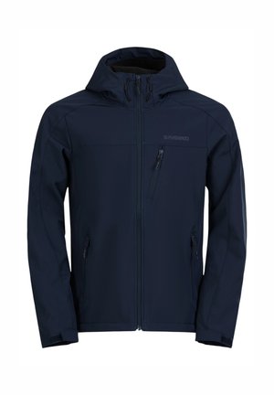 Giacca softshell navy con chiusura lampo frontale, cappuccio regolabile e due tasche frontali. Presenta una texture liscia e una silhouette aderente.