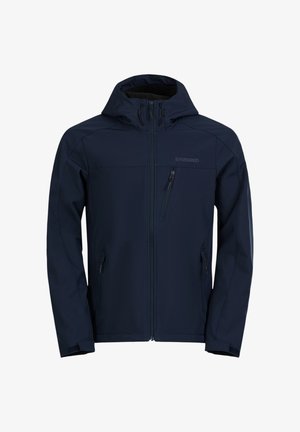 Marineblaue Softshelljacke mit durchgehendem Reißverschluss, verstellbarem Kapuzenrand und zwei Fronttaschen. Sie weist eine glatte Textur und eine taillierte Silhouette auf.