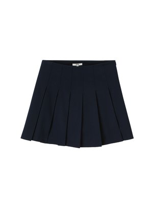 Jupe mini plissée bleu marine avec une texture lisse, dotée d'une ceinture ajustée et de plis verticaux espacés uniformément pour un look structuré.