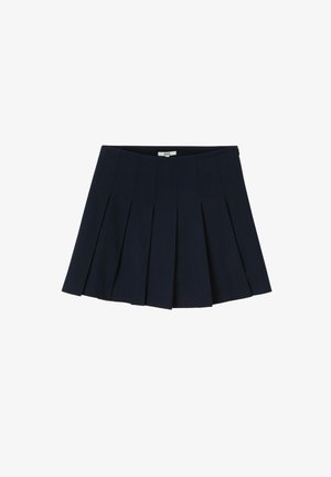 Jupe mini plissée bleu marine avec une texture lisse, dotée d'une ceinture ajustée et de plis verticaux espacés uniformément pour un look structuré.