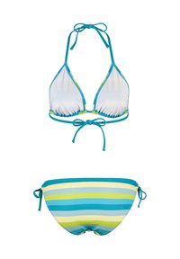 Ensemble de bikini comprenant un haut triangulaire blanc avec des liens teal et un bas à rayures horizontales bleues, vertes et jaunes. Texture lisse.