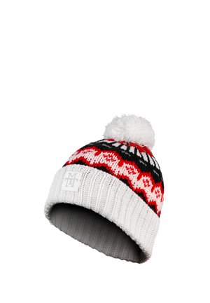 Knitted winter hat with white cuff, red and black patterned body, and a white pom-pom on top.