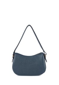 Sac à main en cuir bleu profond, forme arrondie, profil plat, avec une longue bandoulière ; doté d'une fermeture éclair en métal doré et d'une surface texturée.