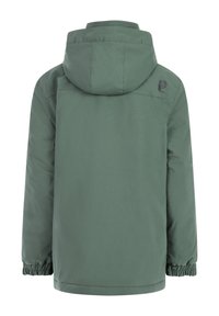 Grüner wasserdichter Jacke mit Kapuze, elastischen Bündchen und einem Logo auf dem oberen Rücken. Schlichtes Design mit glatter Textur.