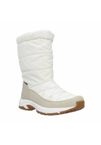 Hvid quiltet vinterstøvle med beige accenter, rund tå og tekstureret gummisål. Overdelen har et puffy, isoleret design.