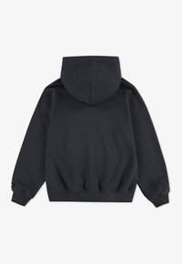 Dunkelgrauer Pullover-Hoodie aus einem Baumwollmischgewebe, mit einer geräumigen Kapuze, gerippten Manschetten und einem gerippten Saum, und einer glatten, strukturierten Oberfläche.