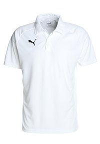 Polo bianco con colletto classico, maniche corte e logo Puma nero sul lato sinistro del petto. Realizzato in tessuto liscio e traspirante.