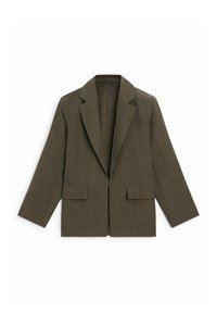 Olijfgroene blazer van een linnenmix, met een geknipt kraag, lange mouwen en twee voorkragen. Relaxte pasvorm met een minimalistisch ontwerp.