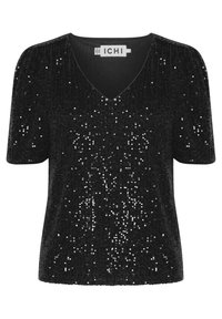 Svart kortärmad topp med V-ringning, med en strukturerad tyg och spridda paljetter som dekoration. Märket heter "ICHI."